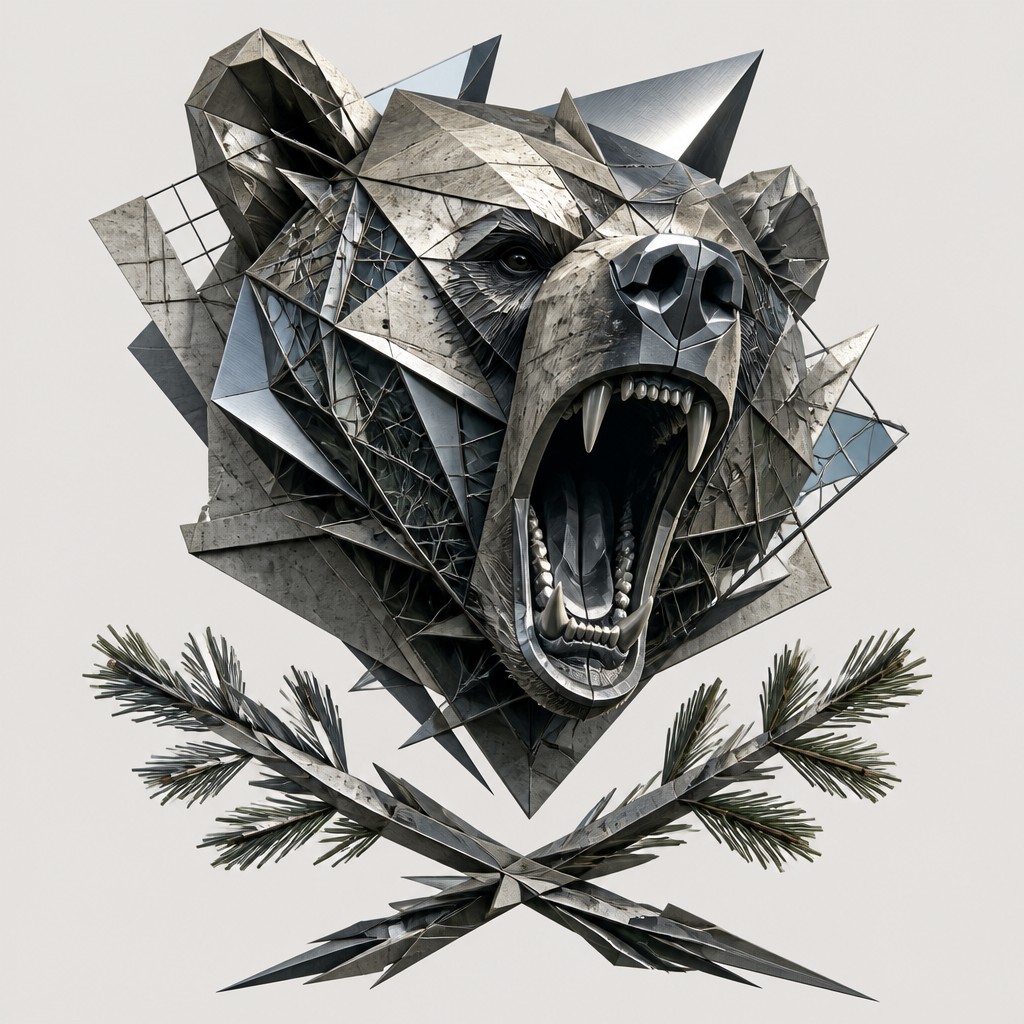 a roaring bear head above crossed pine branches, bold graphic composition on a plain background, no text — Deconstructivist Architecture t-shirt design