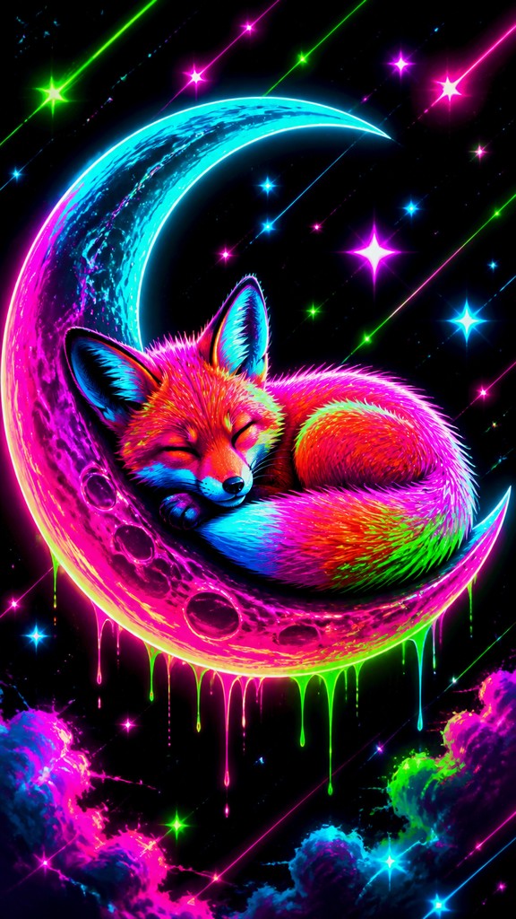 a sleeping baby fox curled on a crescent moon among soft stars, gentle and warm, no text — Neon Pop Art Style baby announcement