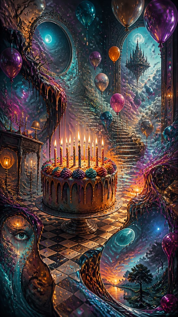 a birthday cake with lit candles surrounded by balloons and confetti, festive vertical composition, no text — Surrealist Landscape Art Style birthday card