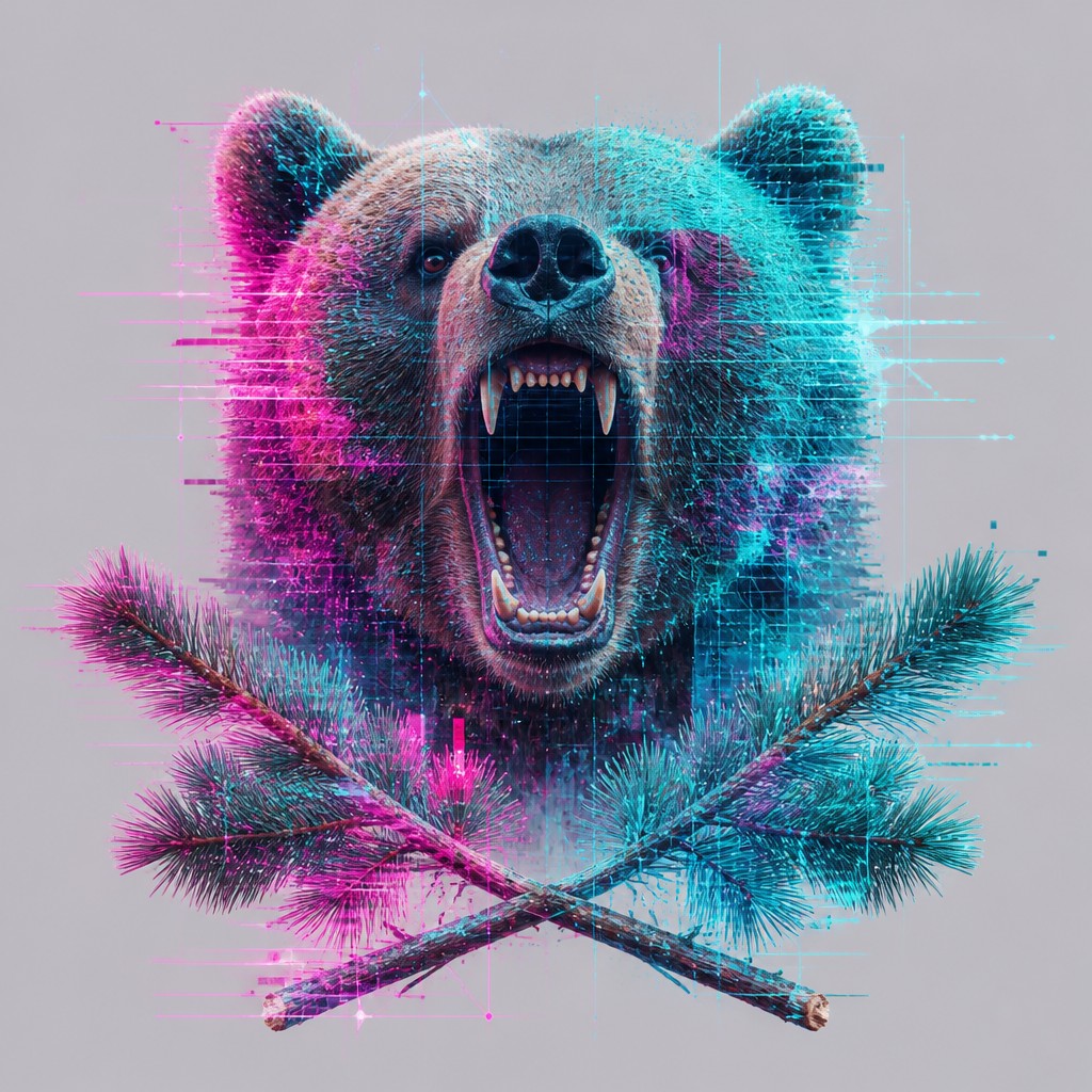 a roaring bear head above crossed pine branches, bold graphic composition on a plain background, no text — Augmented Reality Contemporary Art Style t-shirt design