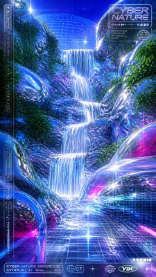 a cascading waterfall in a lush green gorge, no people — Cyber Y2K Aesthetic wallpaper