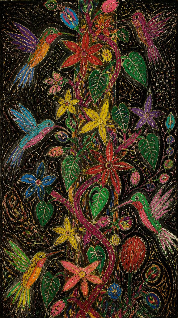 a climbing vine of flowers and hummingbirds on a dark background, tall wrapping composition, no text — Art Brut Style phone case design