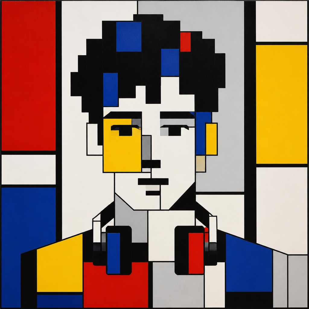 head-and-shoulders portrait of an original character: a young man with curly dark hair and headphones around his neck, plain backdrop, no text — De Stijl Art Style Discord profile picture