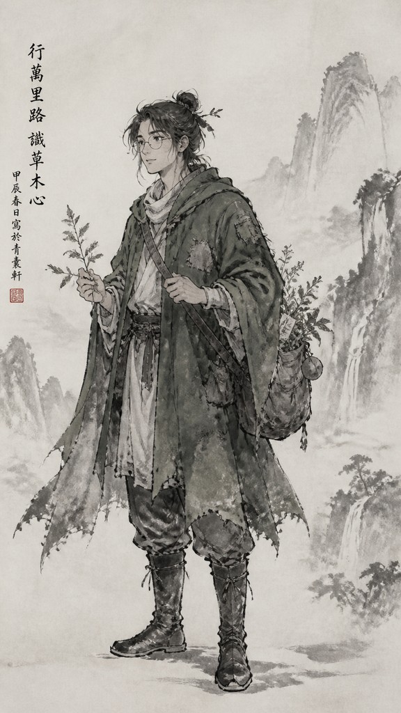 full-body original character: a wandering botanist with a satchel of plants, a patched green cloak, tall boots and round glasses, neutral background — Traditional Chinese Landscape Art Style character design