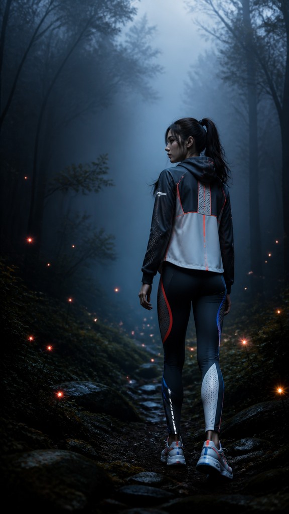 a mysterious forest path with fireflies and drifting mist, atmospheric vertical composition with open space at the top, no text — Athleisure Fashion Design book cover