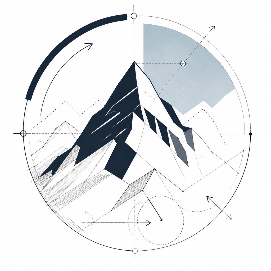 an emblem of a mountain peak inside a circle, simple bold shapes on a plain background, no text or lettering — Participatory Contemporary Art Style logo concept