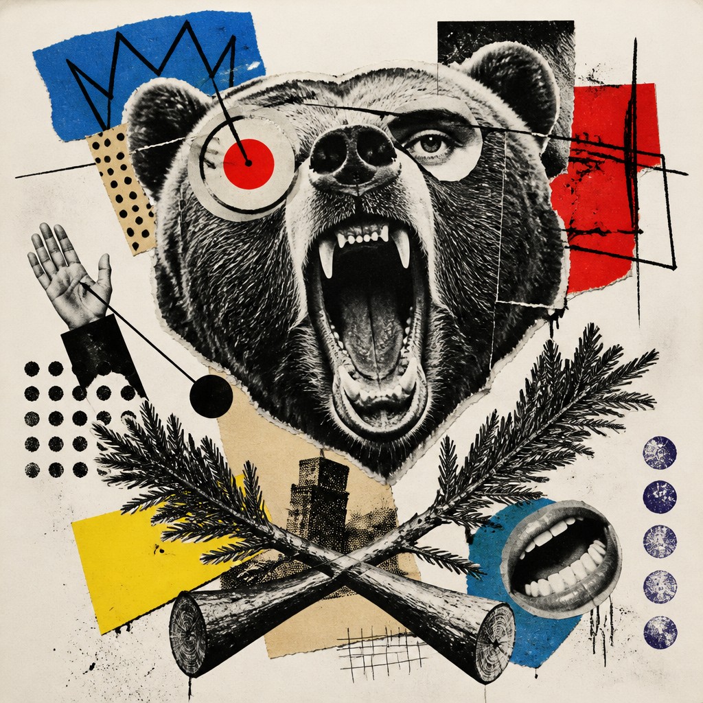 a roaring bear head above crossed pine branches, bold graphic composition on a plain background, no text — Dada Art Style t-shirt design