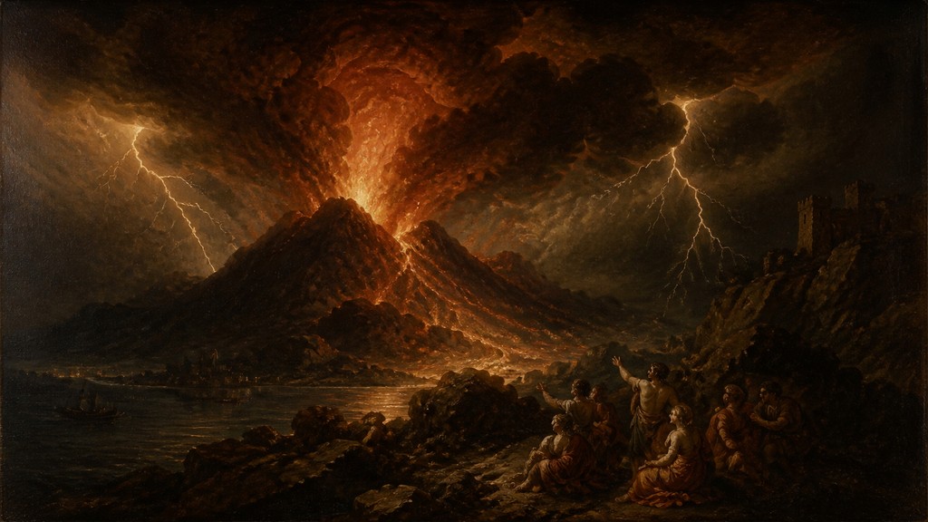 an erupting volcano with lightning strikes, dramatic wide composition, no text — Renaissance Portrait Art Style YouTube thumbnail