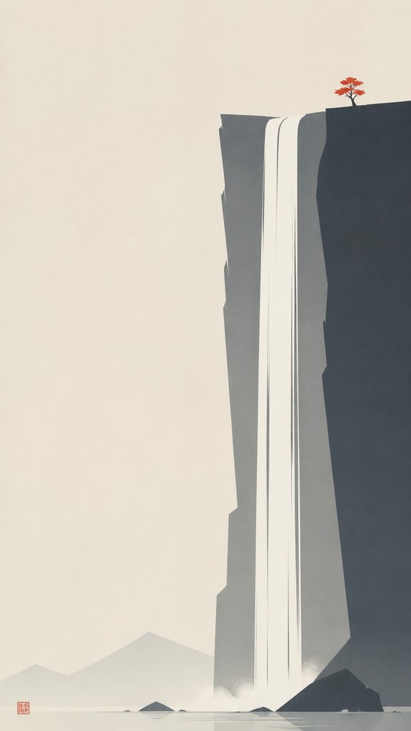 towering waterfall cascading down a cliff — Minimalist Abstract Art Style