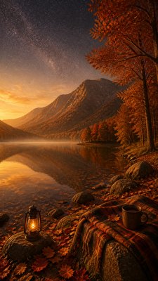 a tranquil mountain lake beneath a starry night sky, no people, no text — Autumncore Aesthetic wallpaper