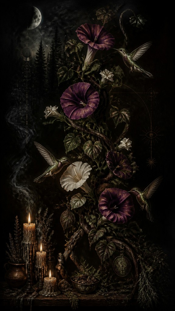 a climbing vine of flowers and hummingbirds on a dark background, tall wrapping composition, no text — Witchcore Aesthetic phone case design