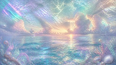a panoramic ocean horizon with towering clouds at golden hour, no people — Mermaidcore Aesthetic wallpaper