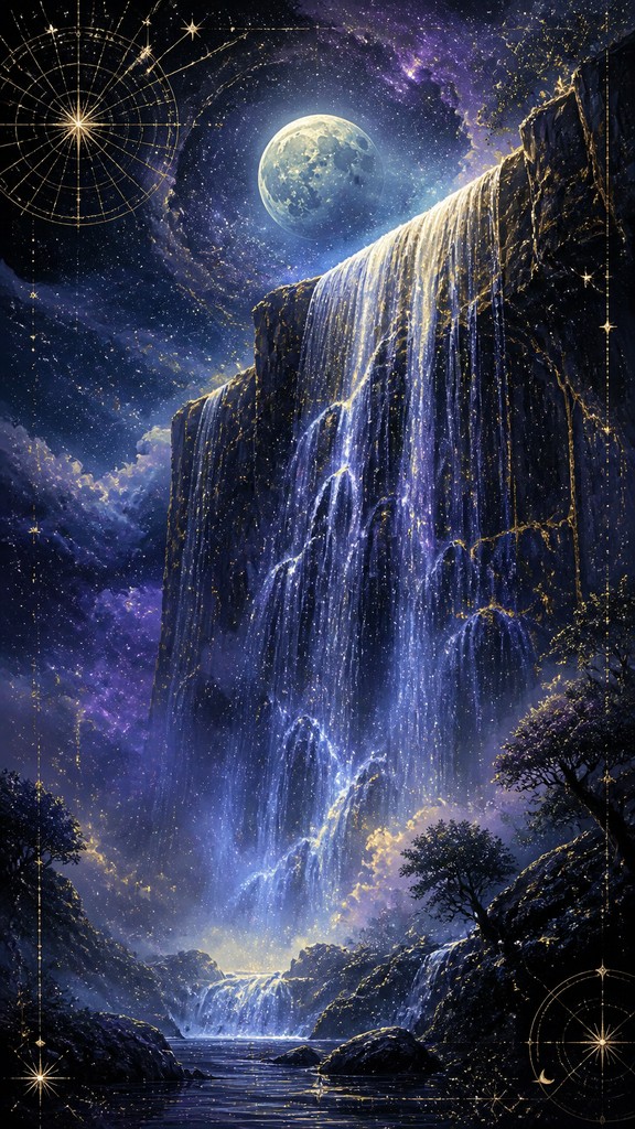 towering waterfall cascading down a cliff — Celestial Aesthetic