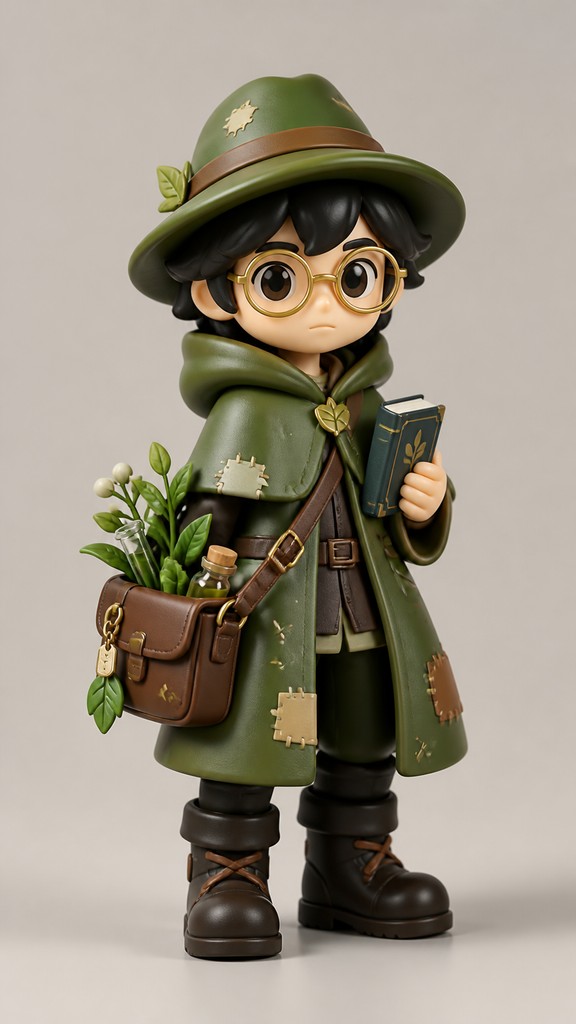 full-body original character: a wandering botanist with a satchel of plants, a patched green cloak, tall boots and round glasses, neutral background — Designer Vinyl Toy Art character design