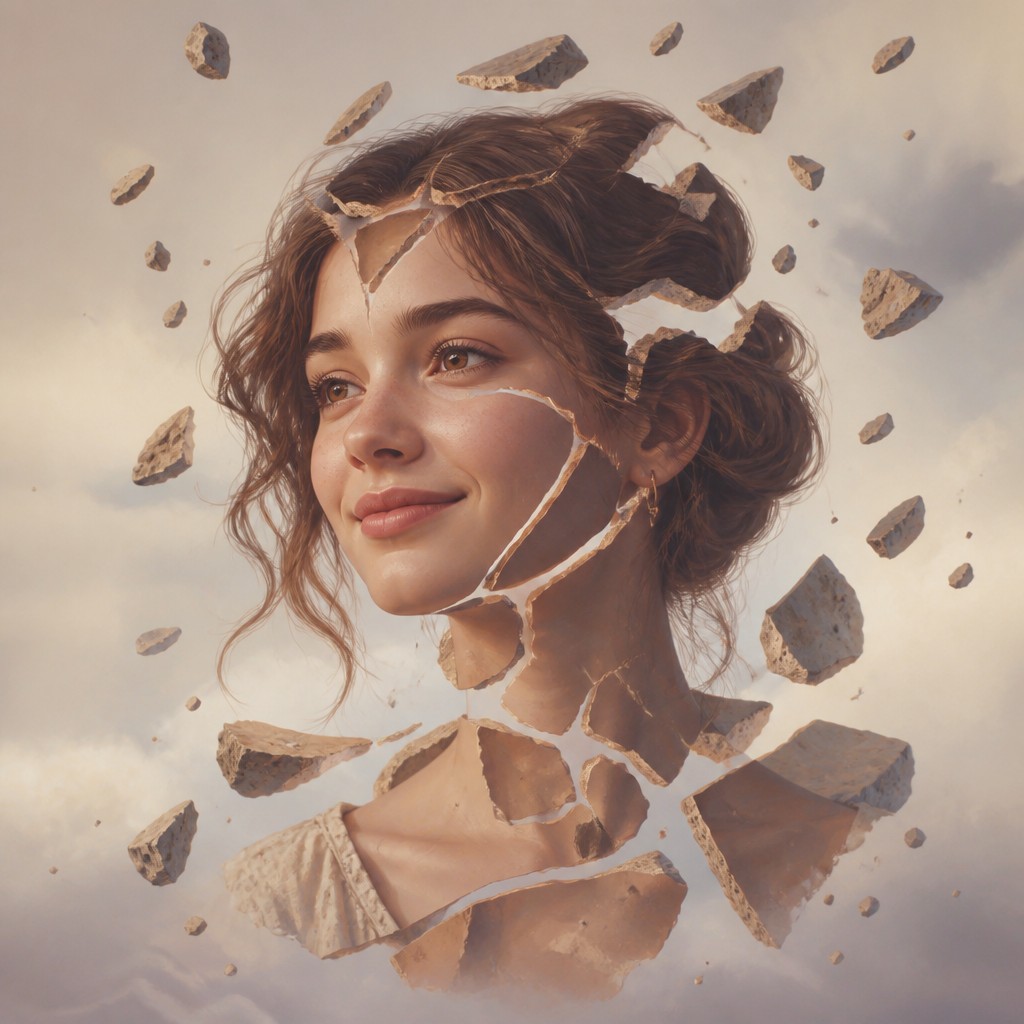 head-and-shoulders portrait of an original character: a young woman with wavy chestnut hair and a warm smile, plain soft backdrop — Floating Islands profile picture