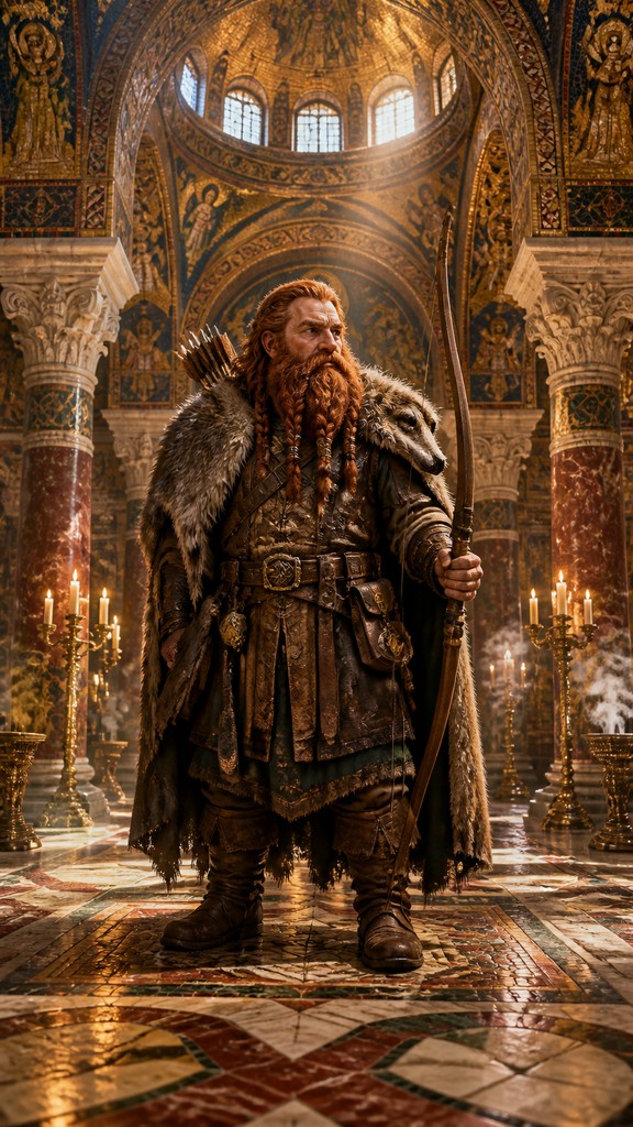 full-body original character: a dwarven ranger with a braided auburn beard, worn leather armor, a longbow and a wolf-pelt cloak, neutral background, no text — Byzantine Architecture tabletop character portrait