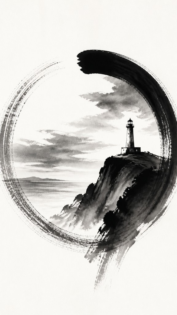 a lone lighthouse on a cliff at dusk under a dramatic sky, no text or lettering — Zen Circle Minimalism Art Style poster