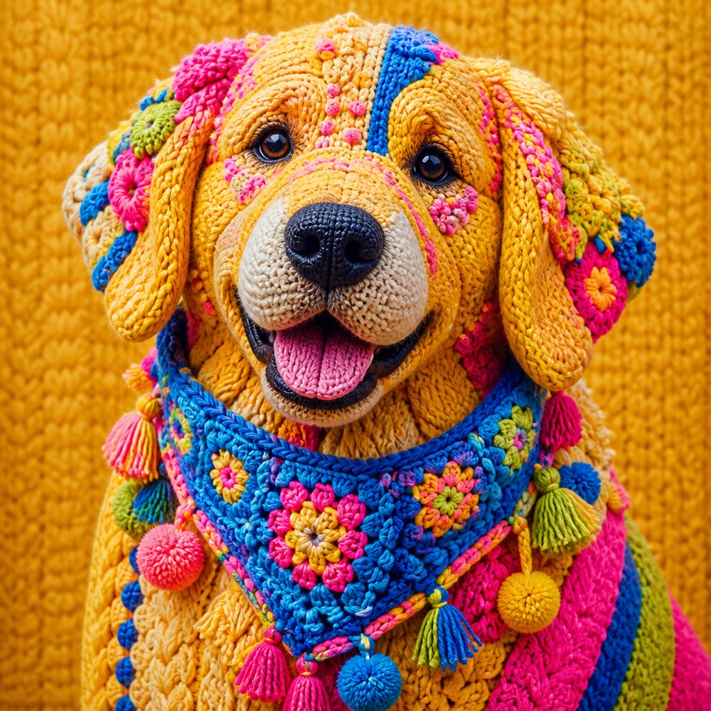 portrait of a golden retriever wearing a blue bandana, warm plain backdrop, no text — Yarn Bombing Street Art Style pet portrait