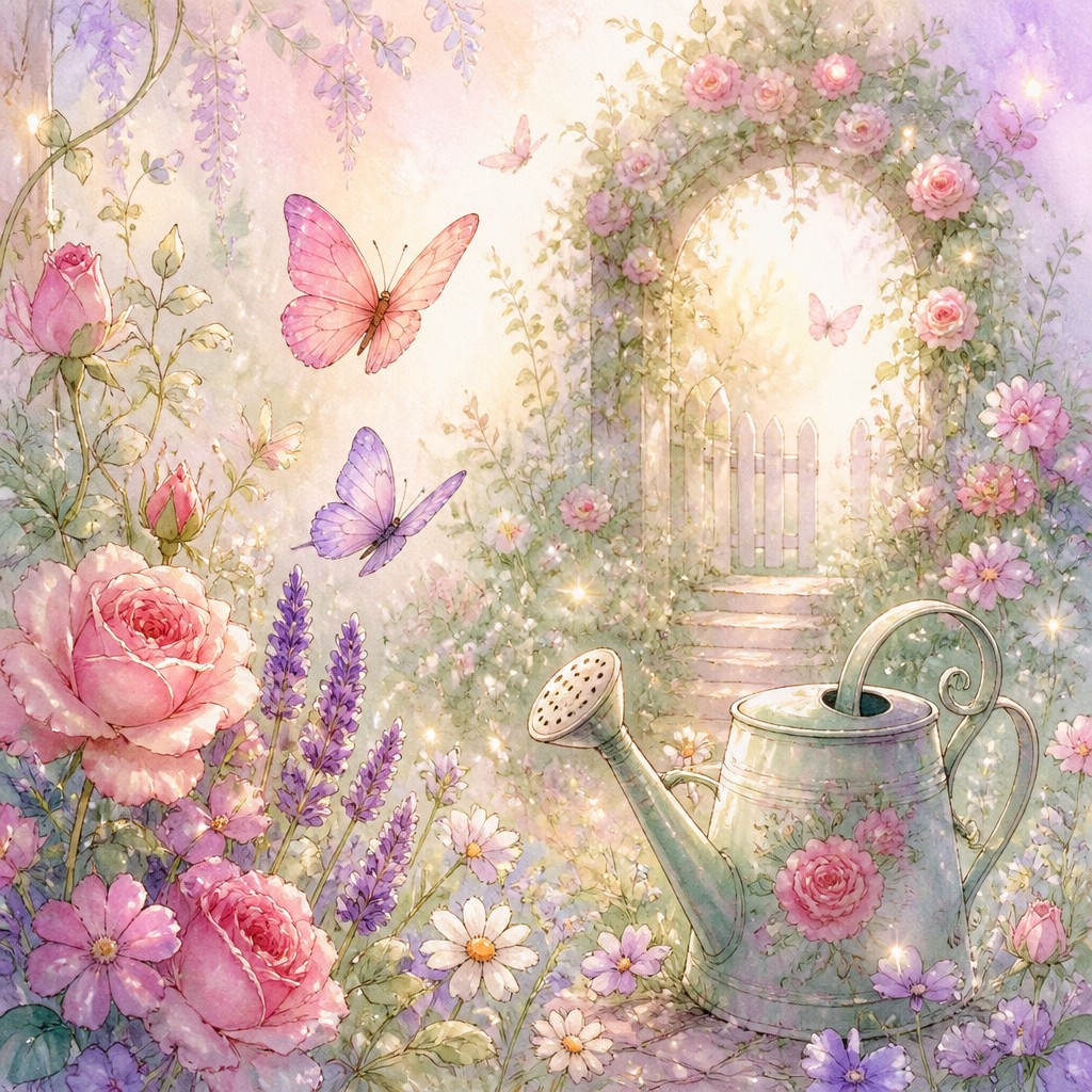 a garden scene with butterflies, flowers and a watering can, clean uncolored line art, no text — Fairy Tale Fantasy Art coloring page
