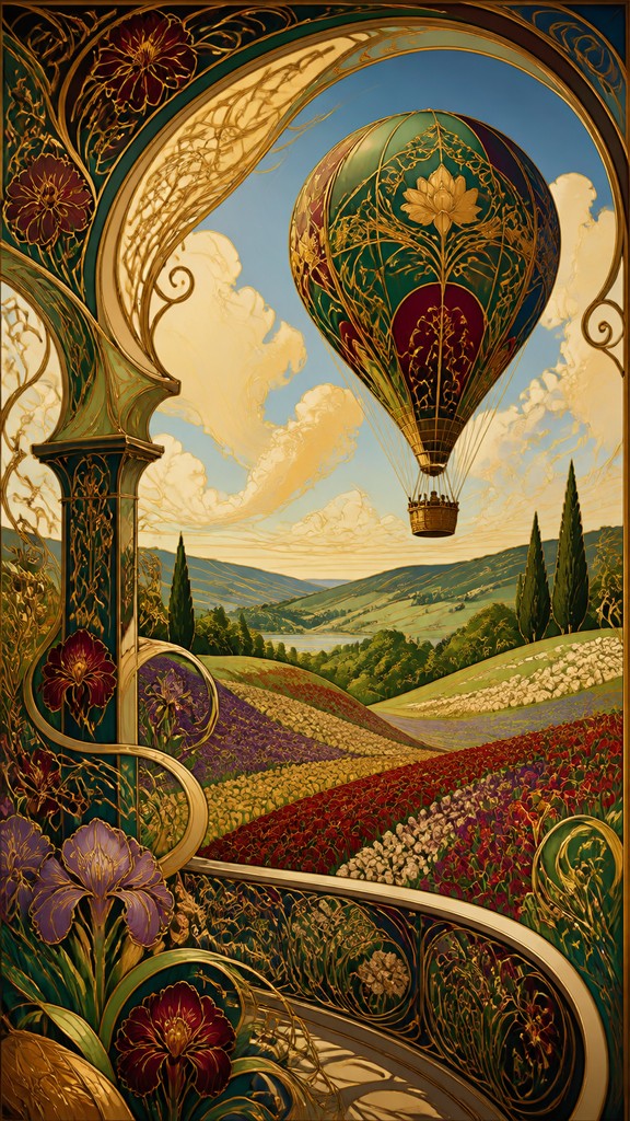 a hot air balloon drifting over rolling flower fields on a sunny day, cheerful, no text — Art Nouveau Architecture Art greeting card