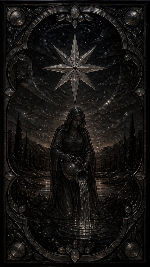 a robed figure pouring water beneath a large eight-pointed star in a night sky, symmetrical composition with an ornate decorative border, no text — Smoked Glass tarot card
