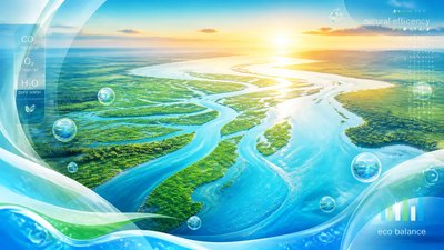 a wide river delta seen from above at sunset, no people — Frutiger Aero Aesthetic wallpaper