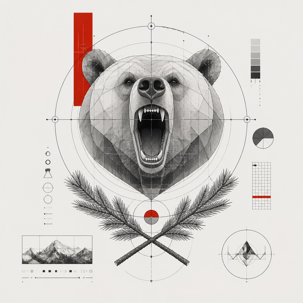 a roaring bear head above crossed pine branches, bold graphic composition on a plain background, no text — Conceptual Modern Art Style t-shirt design