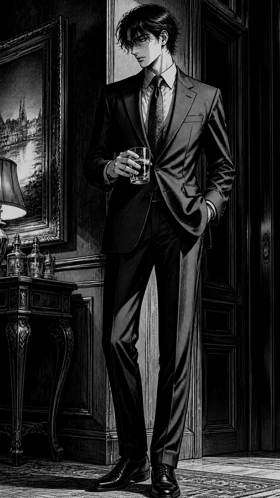 full-length portrait of an elegant figure — Seinen Mature Manga Art Style