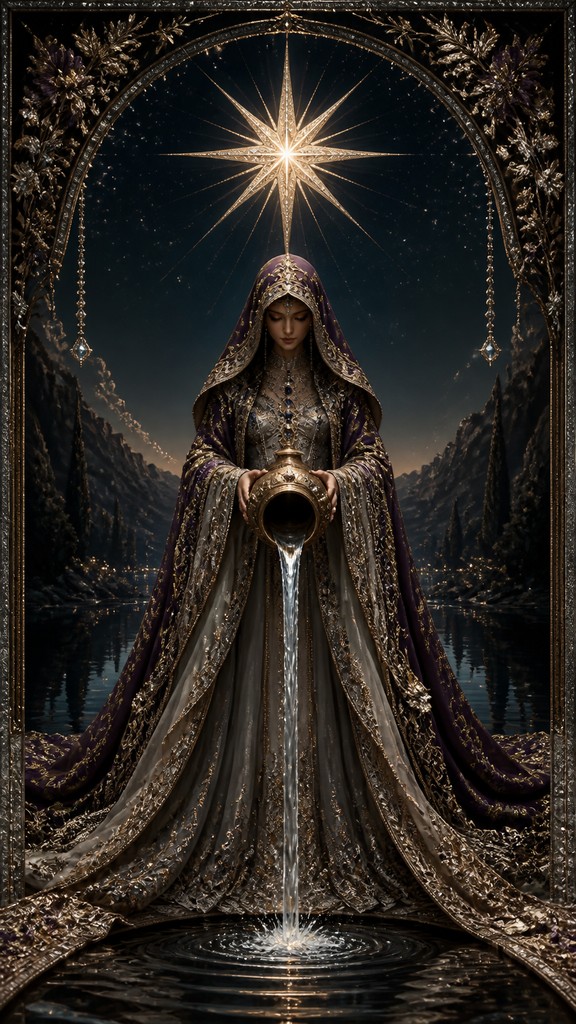 a robed figure pouring water beneath a large eight-pointed star in a night sky, symmetrical composition with an ornate decorative border, no text — Haute Couture Fashion Design tarot card