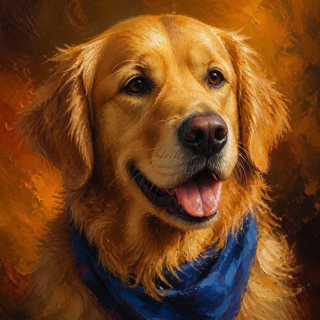 portrait of a golden retriever wearing a blue bandana, warm plain backdrop, no text — Oil Portrait Art Style pet portrait