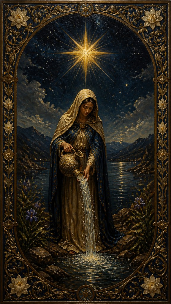 a robed figure pouring water beneath a large eight-pointed star in a night sky, symmetrical composition with an ornate decorative border, no text — Oil Painting Art Style tarot card