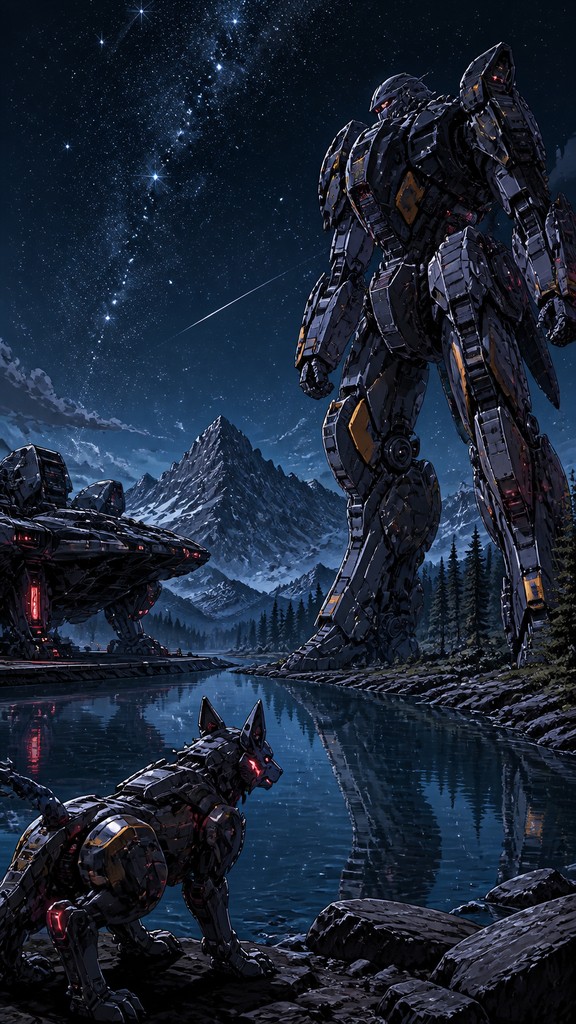 a tranquil mountain lake beneath a starry night sky, no people, no text — Mecha Anime Art Style phone wallpaper