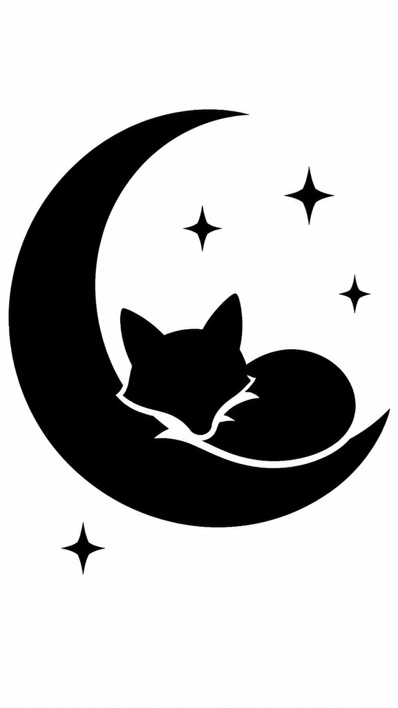 a sleeping baby fox curled on a crescent moon among soft stars, gentle and warm, no text — Glyph Icon Design baby announcement