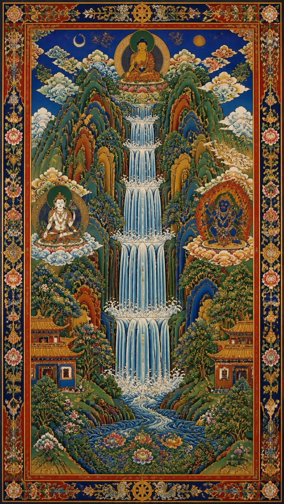 towering waterfall cascading down a cliff — Tibetan Religious Art