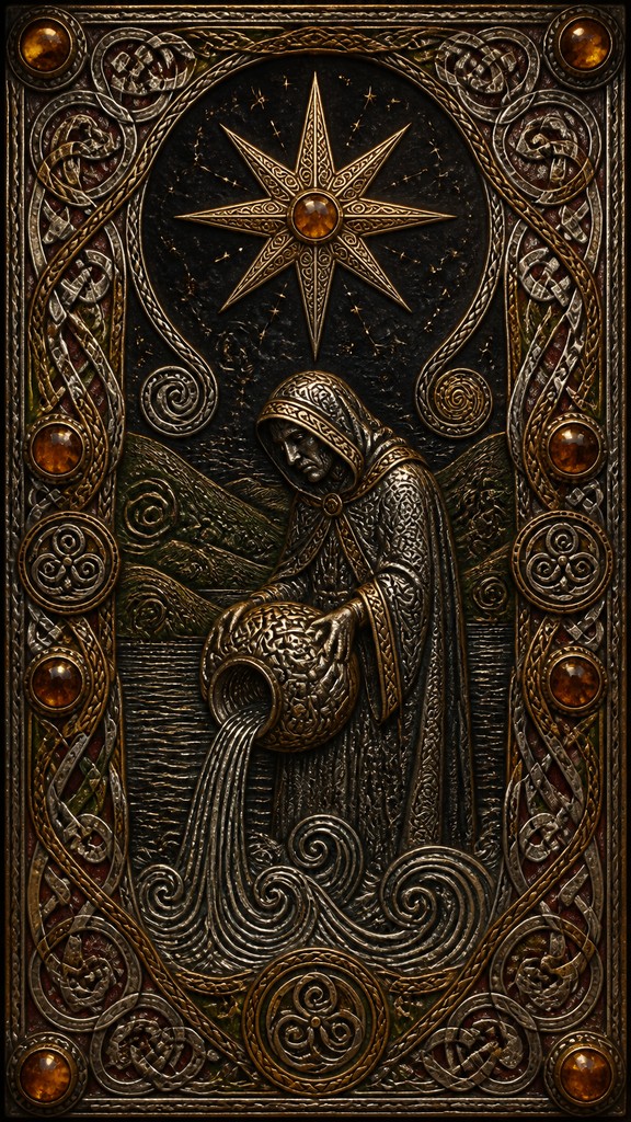 a robed figure pouring water beneath a large eight-pointed star in a night sky, symmetrical composition with an ornate decorative border, no text — Celtic Jewelry Design tarot card