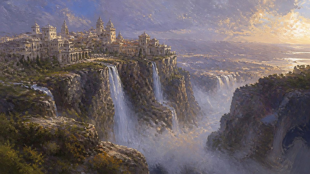 a cliffside city with waterfalls cascading into a misty canyon, wide establishing shot, no people, no text — Plein Air Realism Art Style concept art