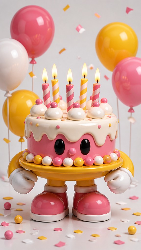 a birthday cake with lit candles surrounded by balloons and confetti, festive vertical composition, no text — Designer Vinyl Toy Art birthday card