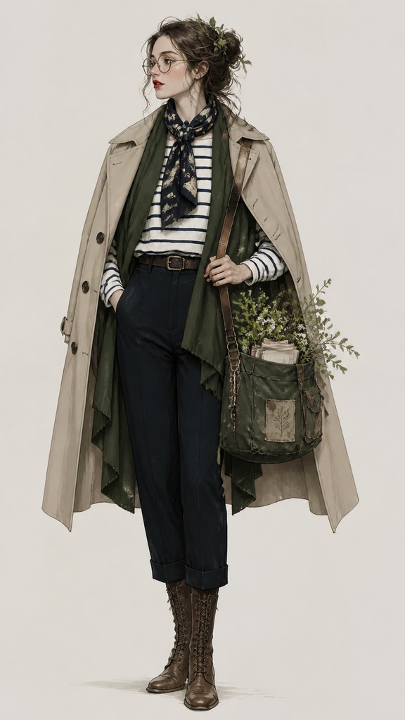 full-body original character: a wandering botanist with a satchel of plants, a patched green cloak, tall boots and round glasses, neutral background — Parisian Chic Fashion Style character design