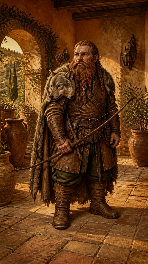 full-body original character: a dwarven ranger with a braided auburn beard, worn leather armor, a longbow and a wolf-pelt cloak, neutral background, no text — Tuscan Interior Design tabletop character portrait
