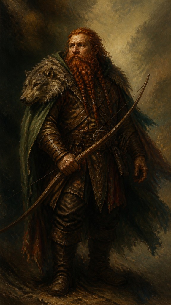 full-body original character: a dwarven ranger with a braided auburn beard, worn leather armor, a longbow and a wolf-pelt cloak, neutral background, no text — Romanticism Art Style tabletop character portrait