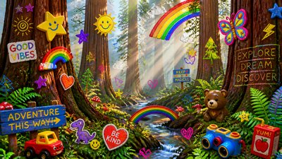 a panoramic redwood forest with light rays through mist, no people — Kidcore Aesthetic wallpaper