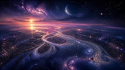 a wide river delta seen from above at sunset, no people — Spacecore Aesthetic wallpaper