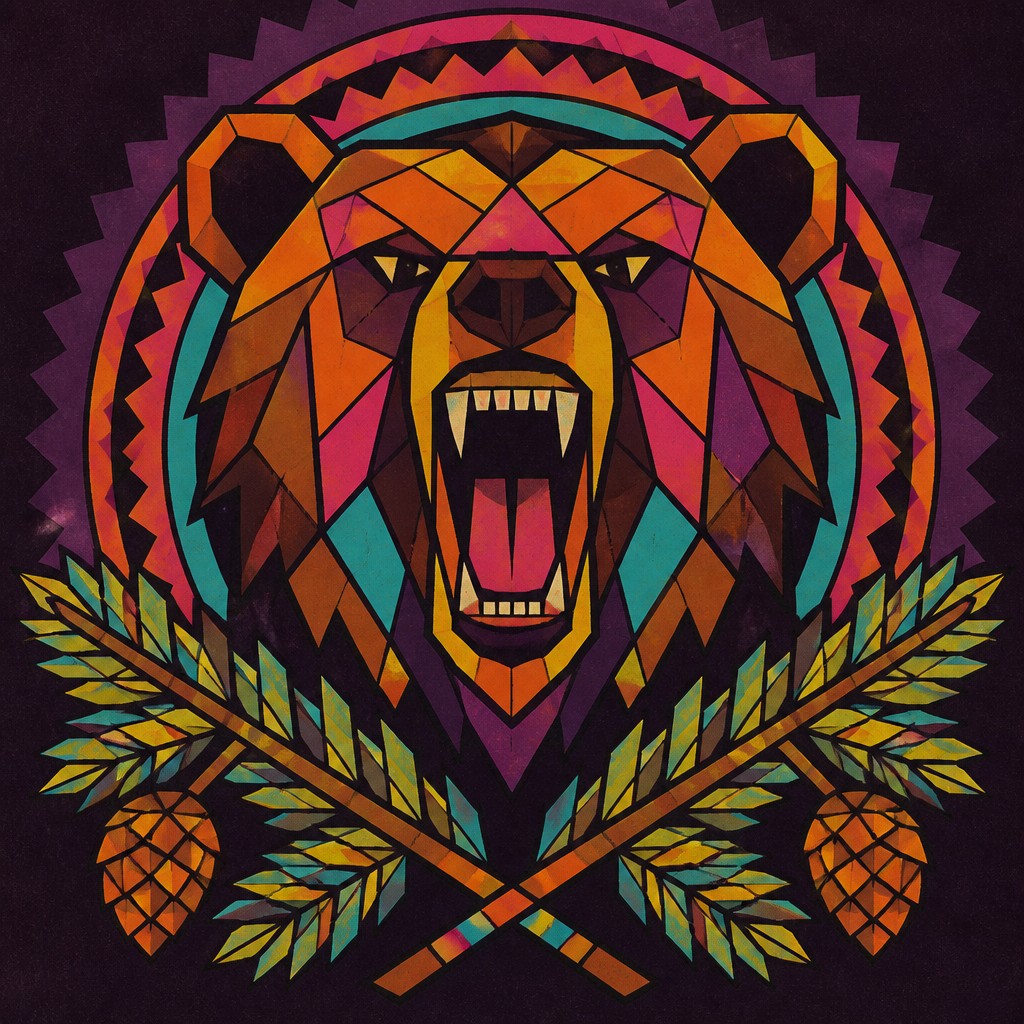 a roaring bear head above crossed pine branches, bold graphic composition on a plain background, no text — Retro Geometric Art t-shirt design