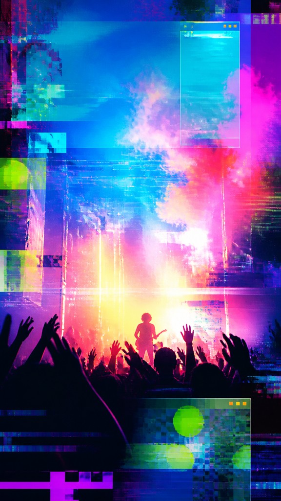 a live music scene with a glowing stage and silhouetted crowd, energetic vertical composition with open space at the top, no text — Post-Internet Art Style flyer