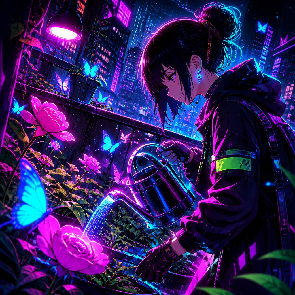 a garden scene with butterflies, flowers and a watering can, clean uncolored line art, no text — Cyberpunk Neon Anime Art Style coloring page