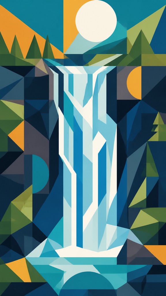 towering waterfall cascading down a cliff — Geometric Abstract Art Style