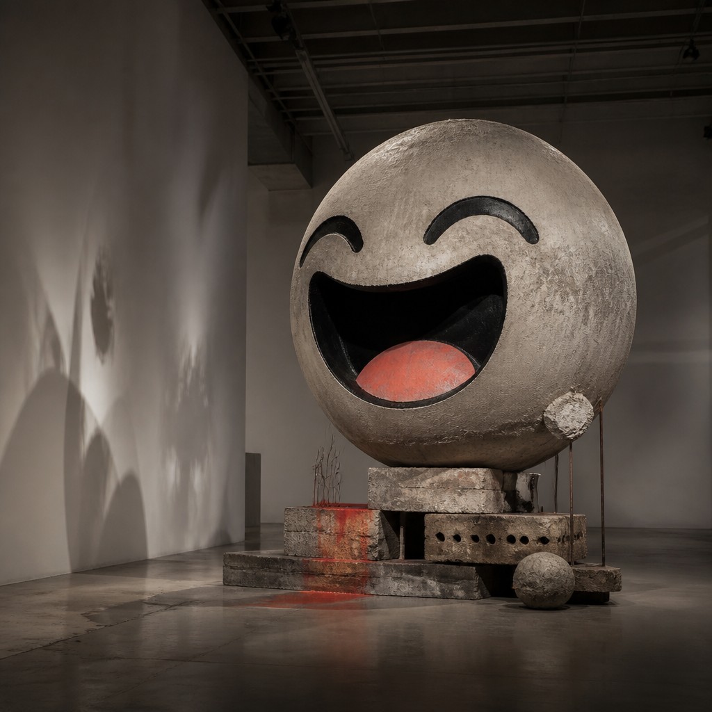 an exaggerated laughing face of an original round mascot character, bold and readable at small size, plain background, no text — Installation Conceptual Art Style Twitch emote