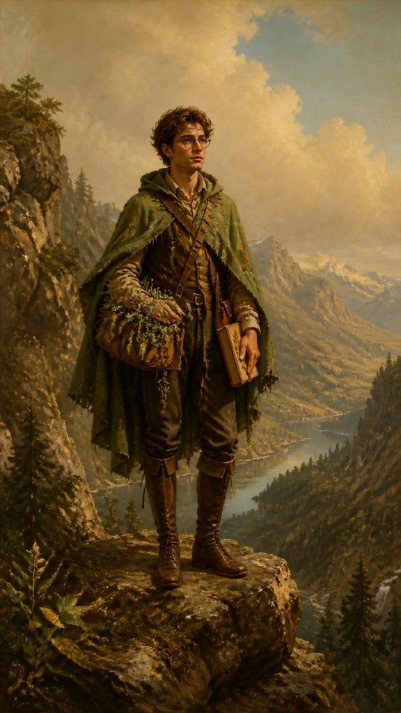 full-body original character: a wandering botanist with a satchel of plants, a patched green cloak, tall boots and round glasses, neutral background — Hudson River School Art Style character design