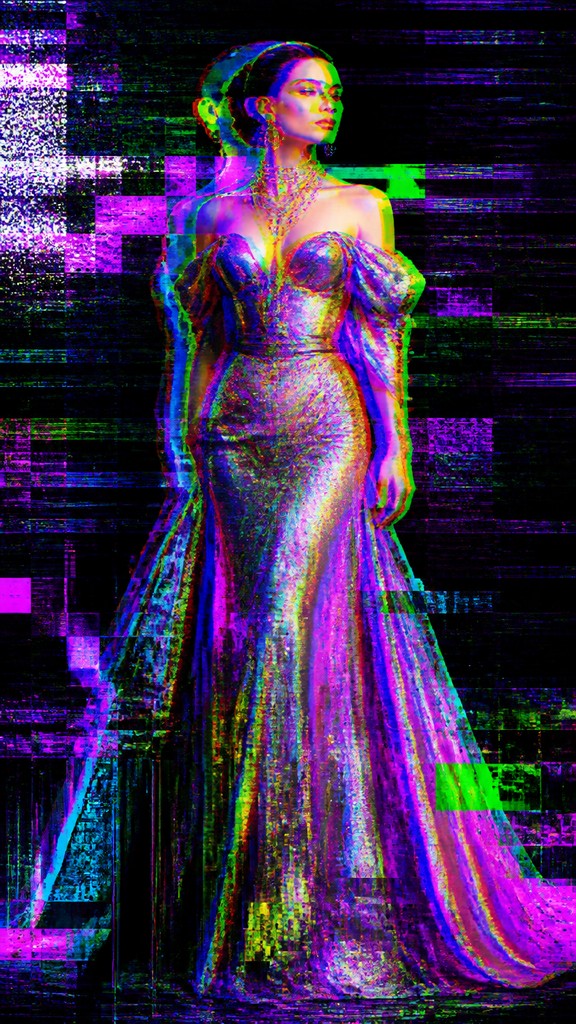 full-length portrait of an elegant figure — Glitch Digital Art Style