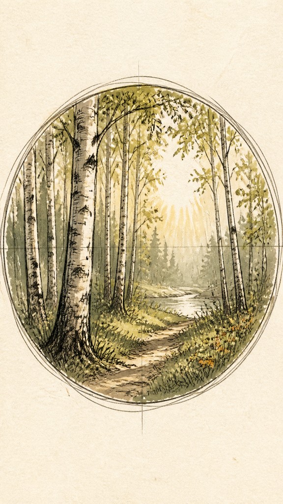 a serene birch forest in soft morning light, no people, no text — Hand-Drawn Icon Design wall art print